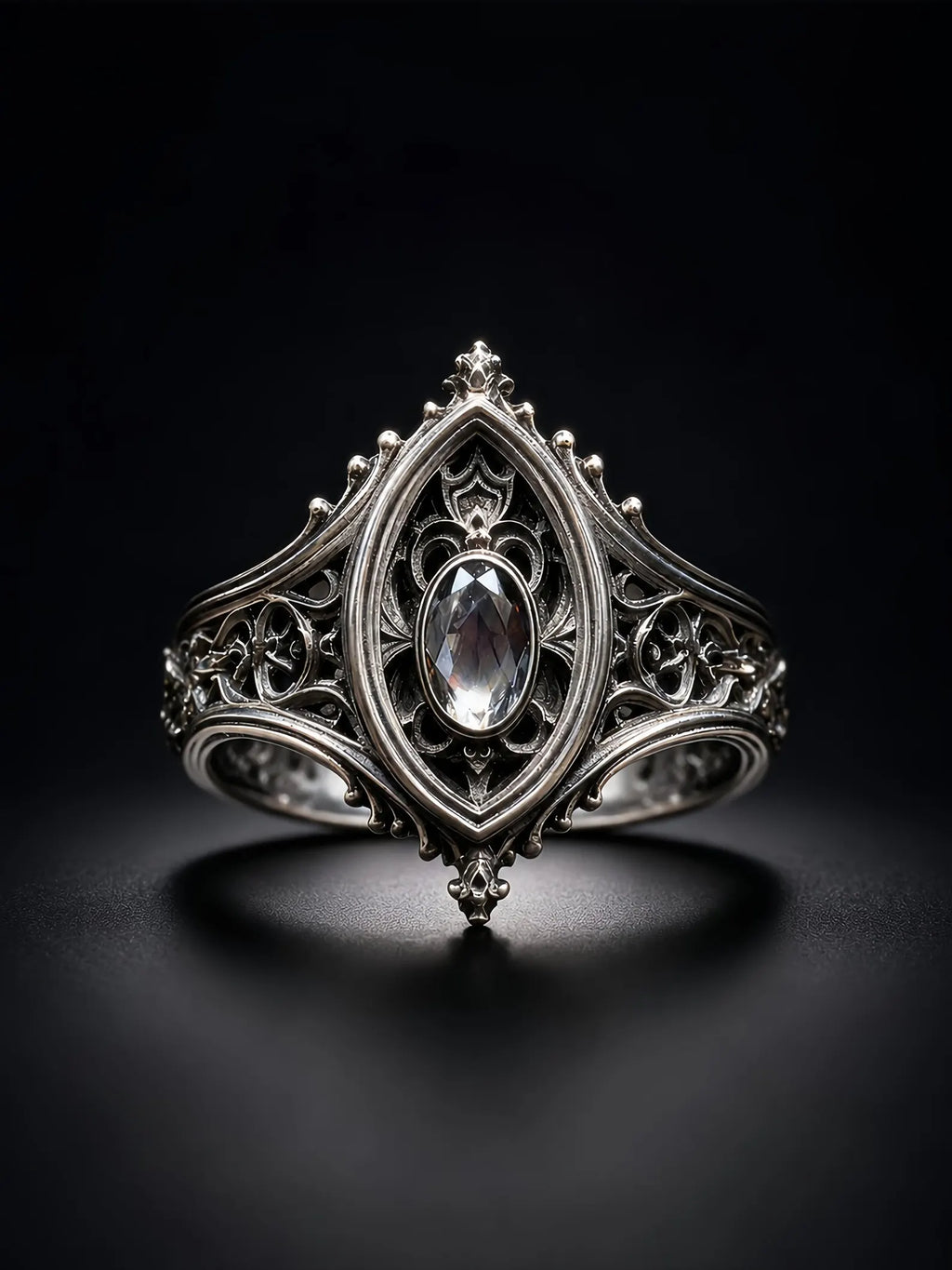 Sanctuary Window Ring, faceted oval stone in carved Gothic tracery frame, sterling silver