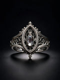 Sanctuary Window Ring, faceted oval stone in carved Gothic tracery frame, sterling silver