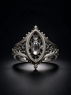Sanctuary Window Ring, faceted oval stone in carved Gothic tracery frame, sterling silver