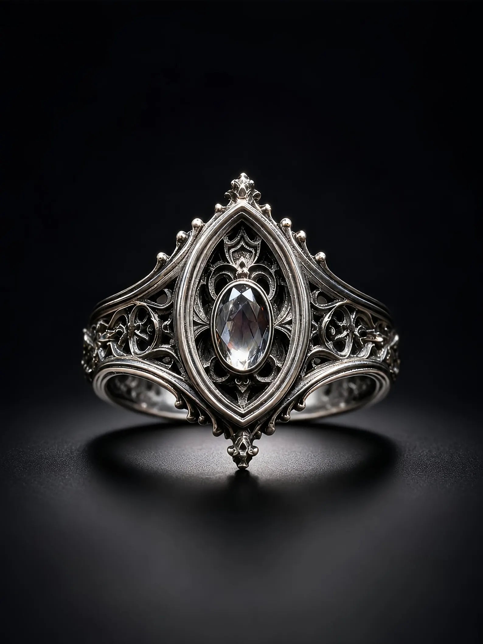 Sanctuary Window Ring, faceted oval stone in carved Gothic tracery frame, sterling silver
