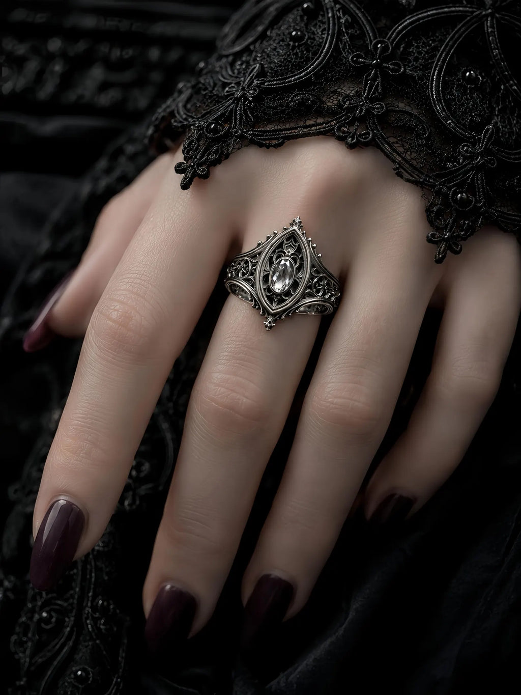 Sanctuary Window Ring worn on hand with black lace, Gothic gemstone ring