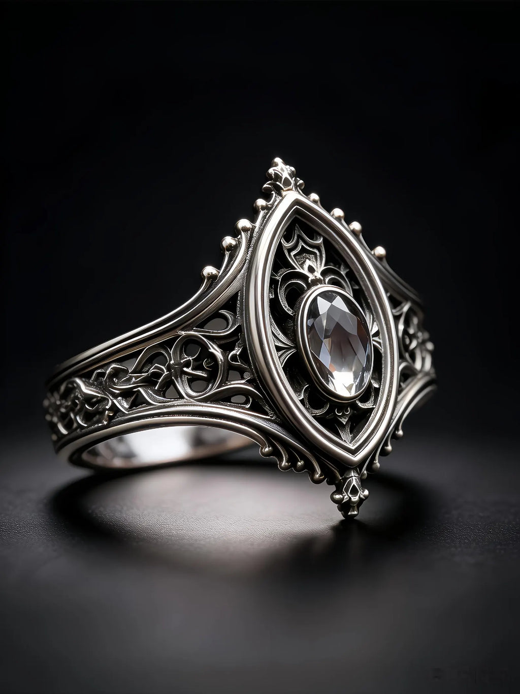 Sanctuary Window Ring front view, faceted center stone framed by tracery