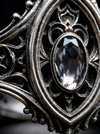 Sanctuary Window Ring close-up, oval-cut stone and carved fleur-de-lis detail