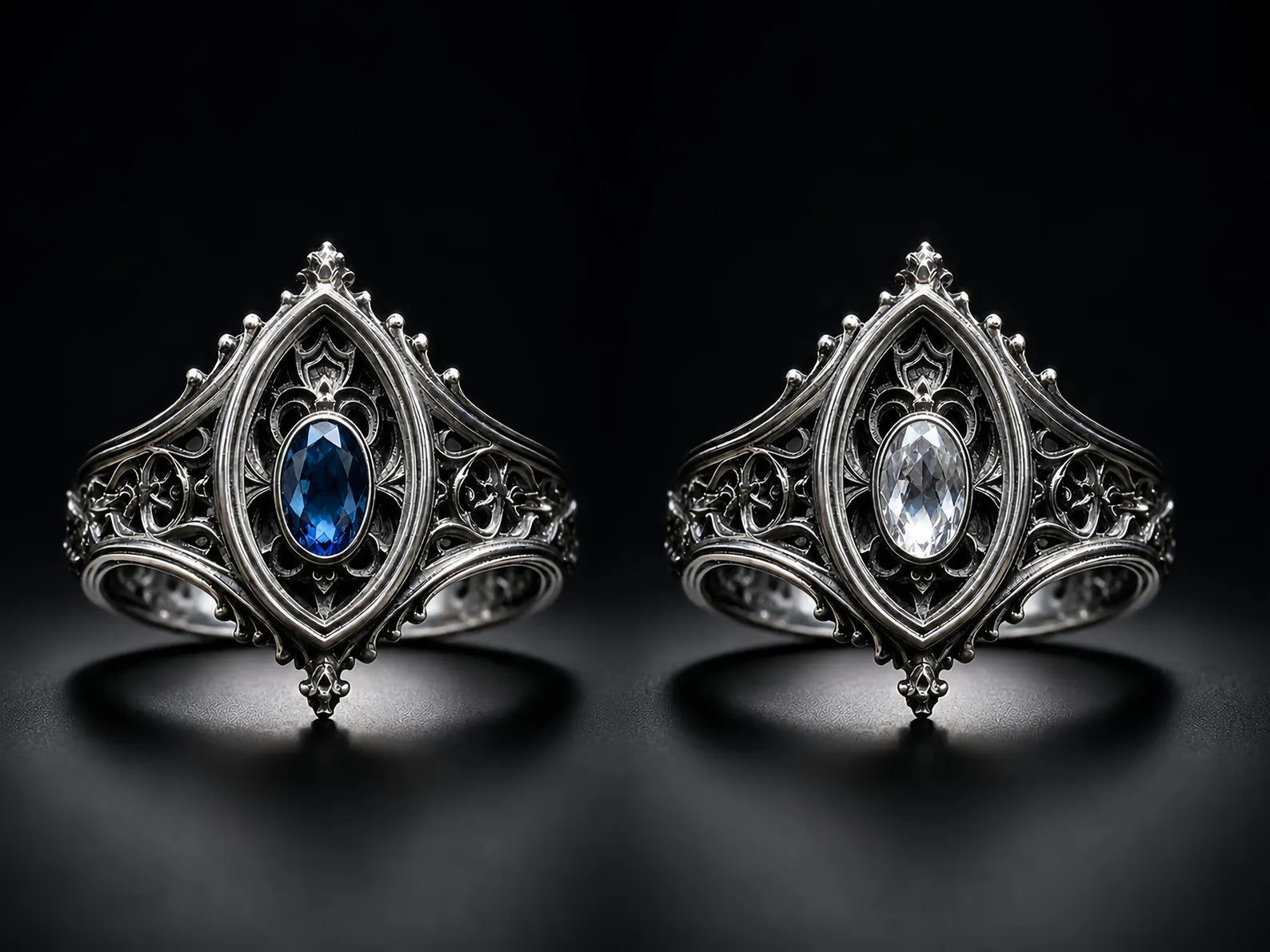Sanctuary Window Ring in both finishes side by side, London Blue Topaz and Moissanite oval centers