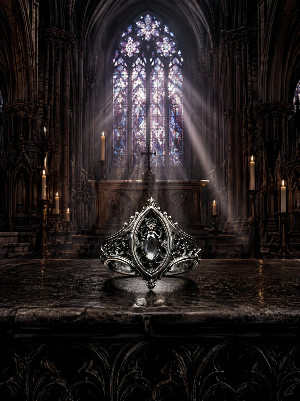 Sanctuary Window Ring styled in a cathedral setting with stained-glass light