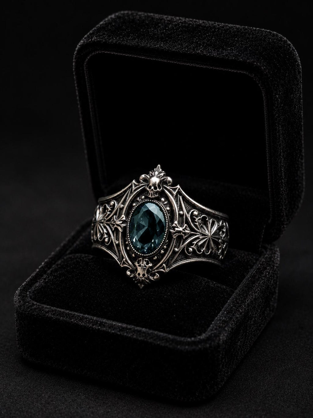 Skull ring with white topaz — Dark Academia Victorian mourning jewellery, handcrafted 925 sterling silver