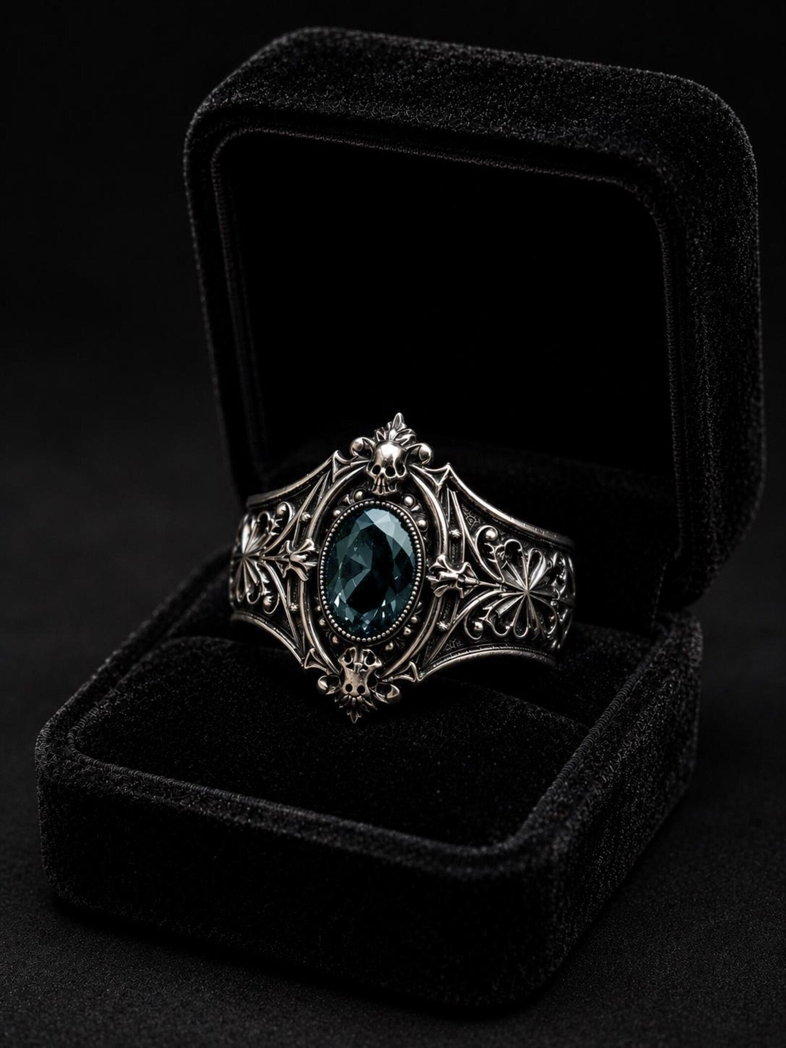 Skull ring with white topaz — Dark Academia Victorian mourning jewellery, handcrafted 925 sterling silver