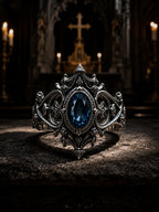 Gothic 925 sterling silver cathedral sanctuary ring with London blue topaz — flying buttresses and spire band front view