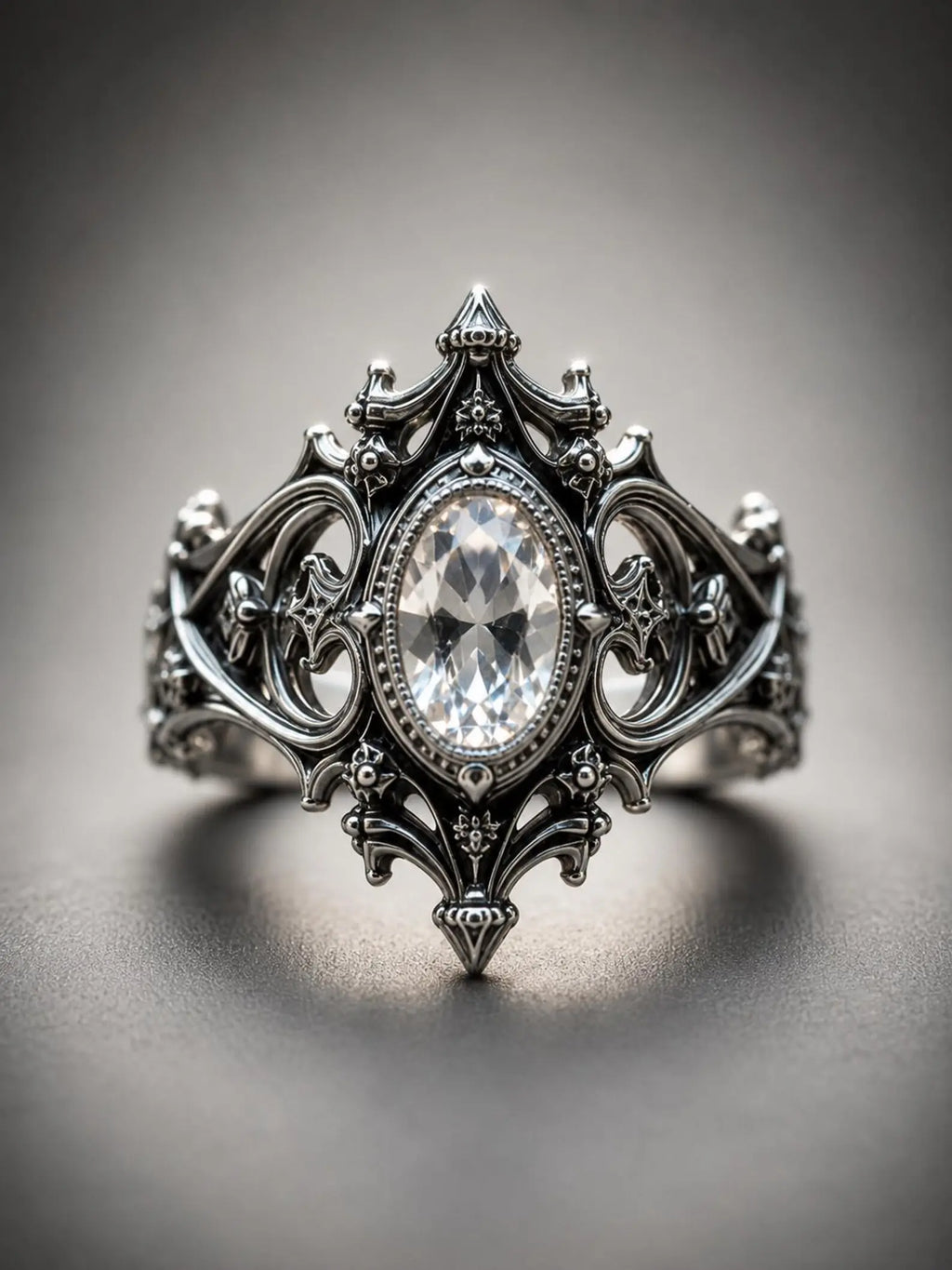 Gothic cathedral sanctuary ring with white topaz — moonlit alternative engagement ring in 925 sterling silver