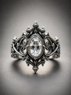 Gothic cathedral sanctuary ring with white topaz — moonlit alternative engagement ring in 925 sterling silver