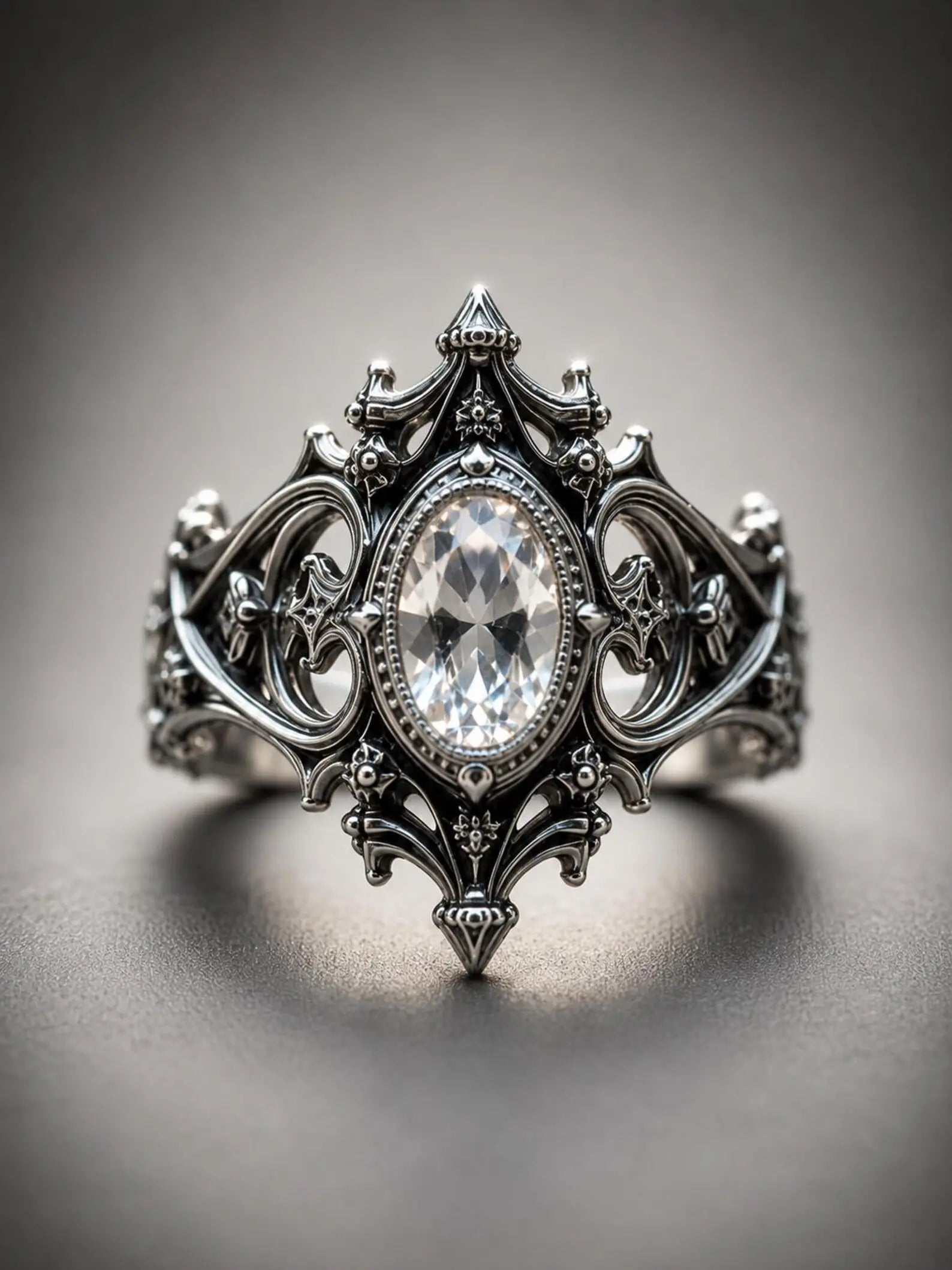 Gothic cathedral sanctuary ring with white topaz — moonlit alternative engagement ring in 925 sterling silver