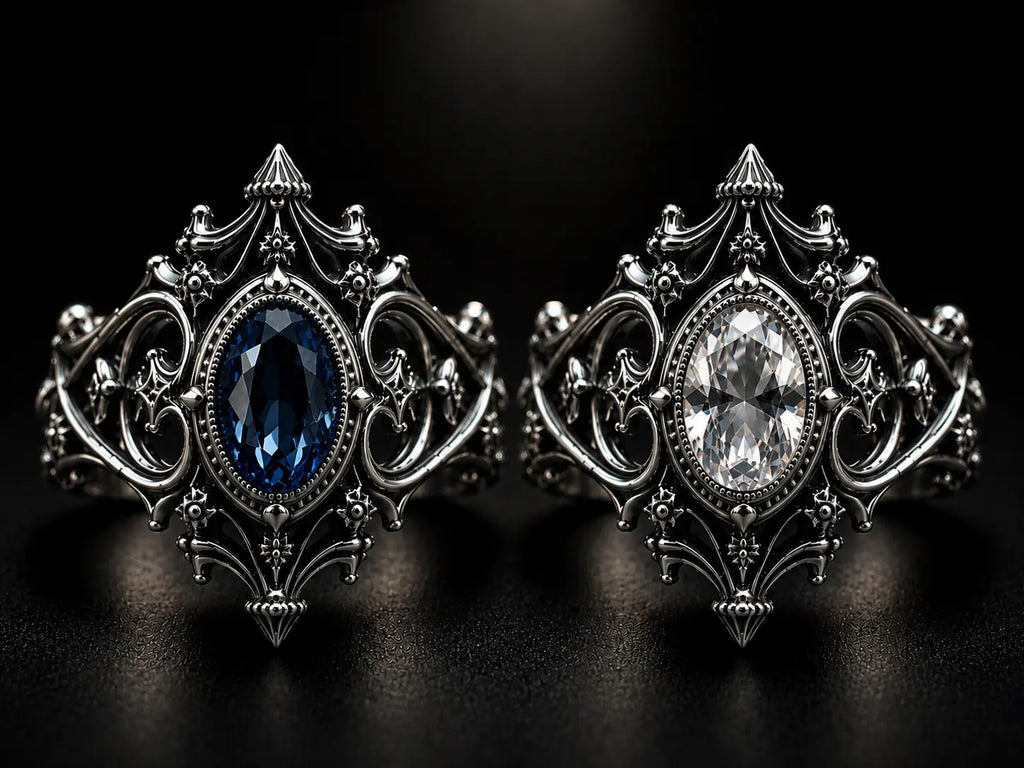 Cathedral sanctuary ring — oval-cut London blue topaz or white topaz centred in gothic openwork tracery, sterling silver