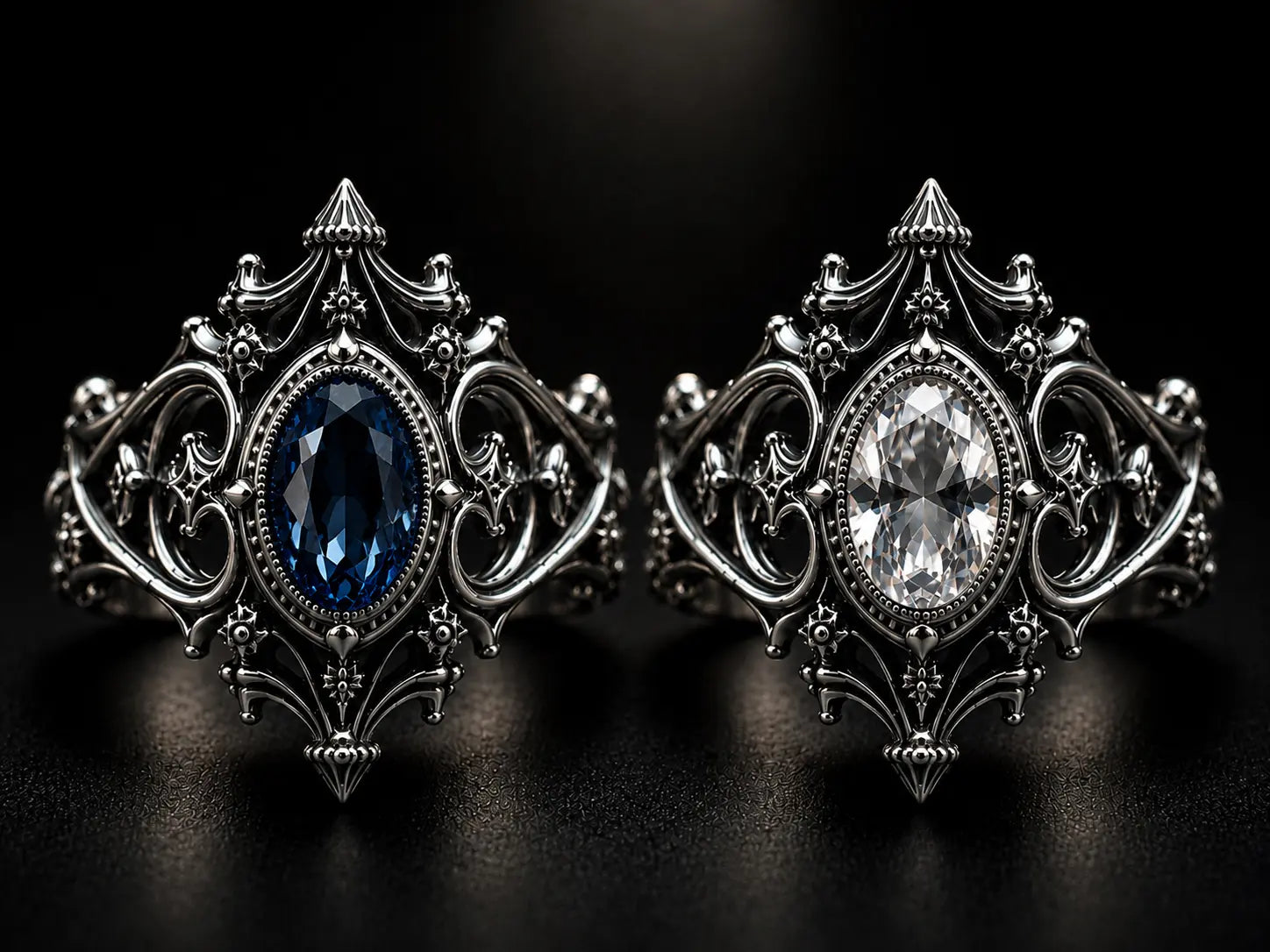 Cathedral sanctuary ring — oval-cut London blue topaz or white topaz centred in gothic openwork tracery, sterling silver