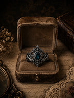 Cathedral sanctuary ring with London blue topaz — Dark Academia gothic talisman ring, handcrafted sterling silver