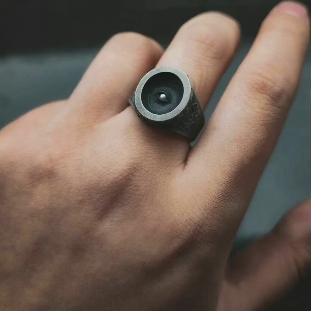 Video of the Cyclops Ring rotating — all-seeing eye signet in oxidized 925 sterling silver with baroque relief