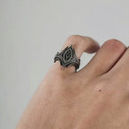 Video of the Relic Prophecy Ring rotating — a rune sigil shield ring in oxidized 925 sterling silver