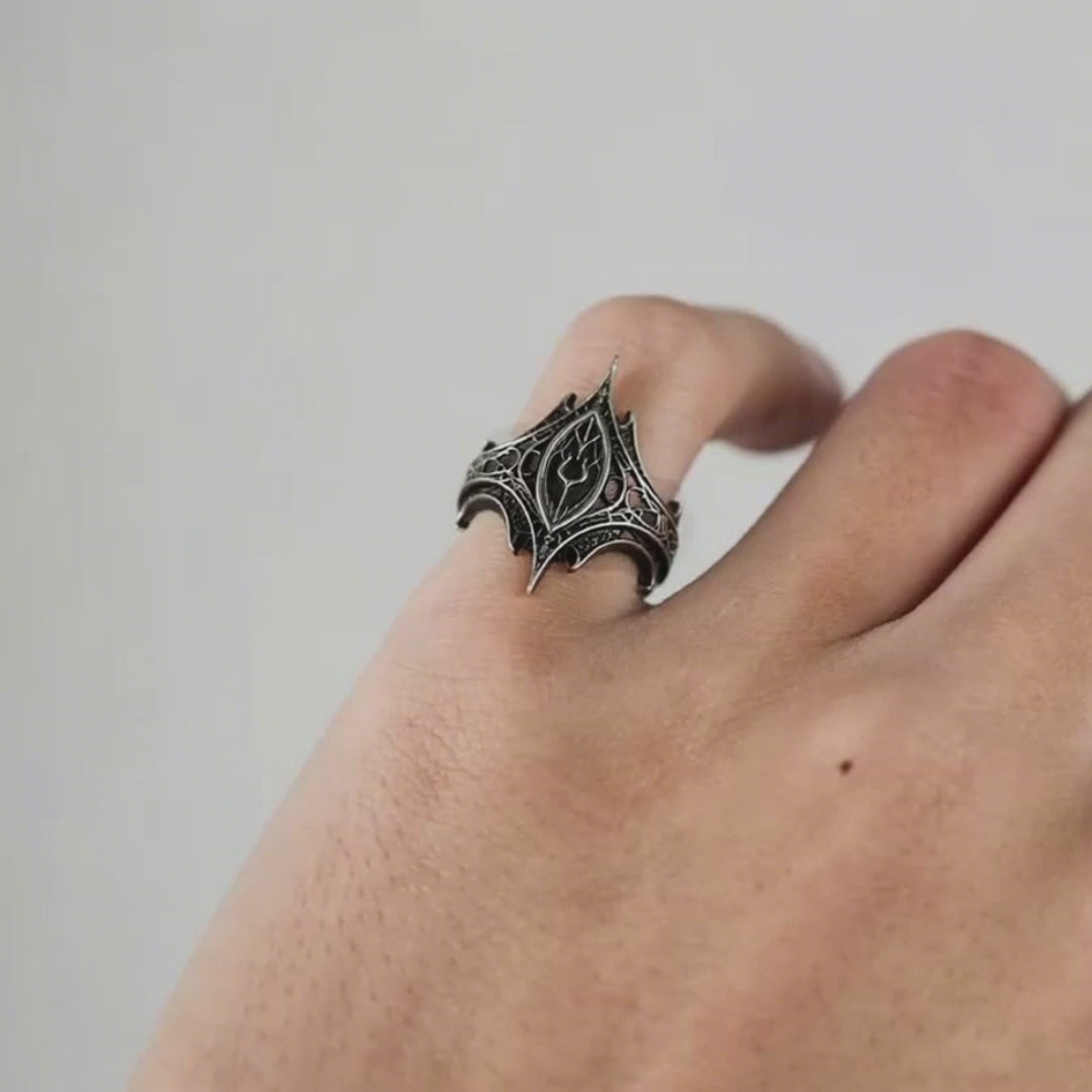 Video of the Relic Prophecy Ring rotating — a rune sigil shield ring in oxidized 925 sterling silver
